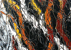 black and white painting with orange and yellow stripes